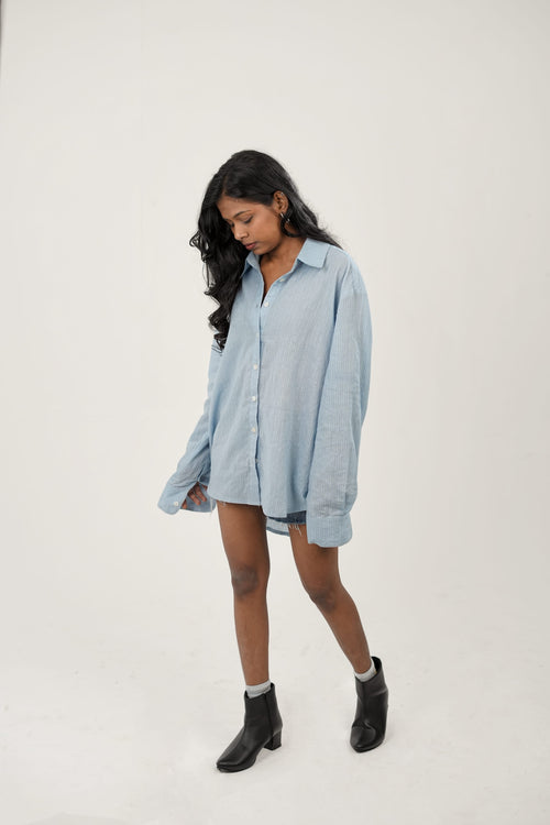 Baby Blue Cotton Kantha Loose Fit Shirt