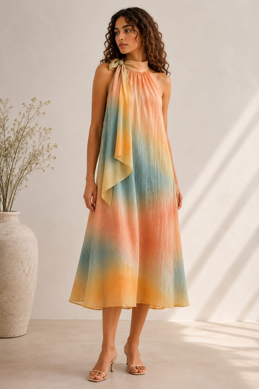 A woman models a sleeveless halter midi dress with a soft tie-dye pattern in pastel orange, yellow, and light blue. She is standing in a brightly lit room with a large textured vase of dried stems on the left.