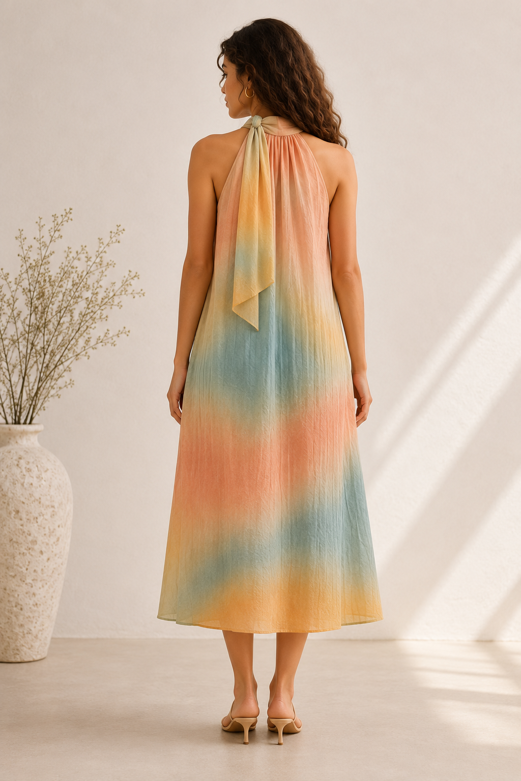 A woman stands with her back to the camera wearing a sleeveless halter-neck midi dress with a soft pastel gradient pattern in yellow, orange, pink, and blue. She is in a bright, sunlit room with a large white textured vase of dried stems on the left.