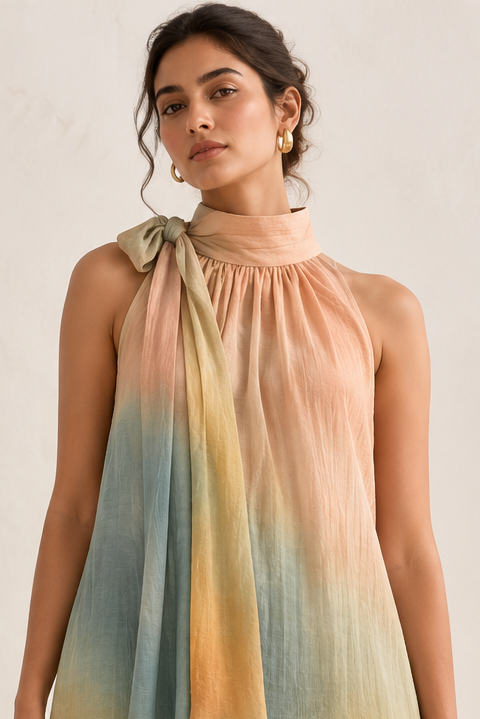 A woman models a sleeveless halter-neck maxi dress with a soft pastel gradient tie-dye pattern in peach, yellow, green, and blue. She is holding a small woven straw bag and standing in a brightly lit room with a neutral beige background.