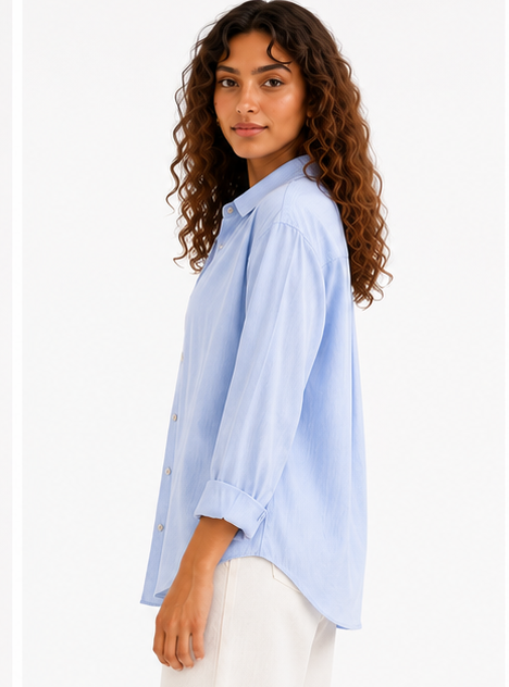 A light blue button-up shirt shown from multiple angles on a model, including back view, side view, front view, collar detail, sleeve detail, fabric detail, and button detail, on a white background.