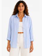 A light blue button-up shirt shown from multiple angles on a model, including back view, side view, front view, collar detail, sleeve detail, fabric detail, and button detail, on a white background.
