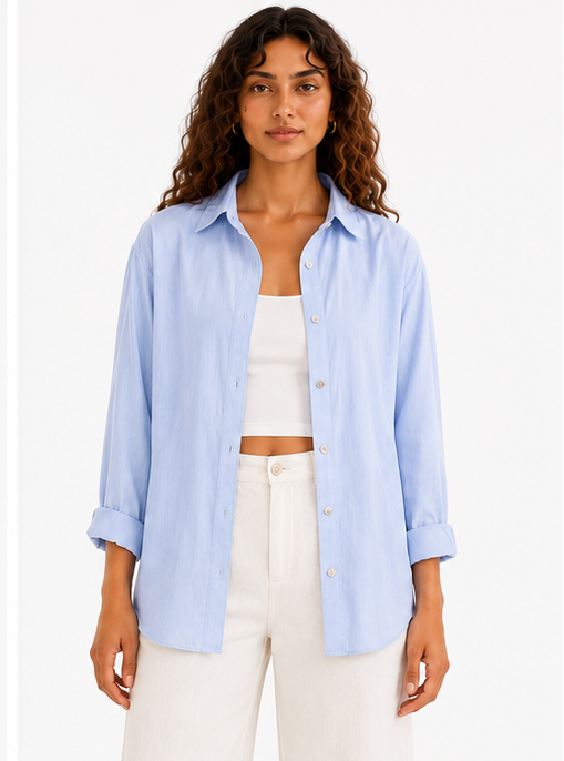 A light blue button-up shirt shown from multiple angles on a model, including back view, side view, front view, collar detail, sleeve detail, fabric detail, and button detail, on a white background.