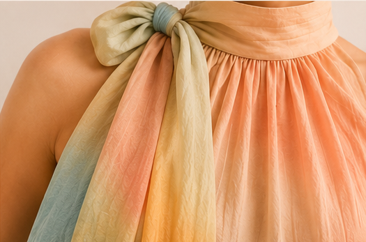 A woman wearing a sleeveless halter-style top in a soft peach and beige gradient, with a matching sheer scarf tied around the neck. She is also wearing gold hoop earrings against a plain light beige studio background.