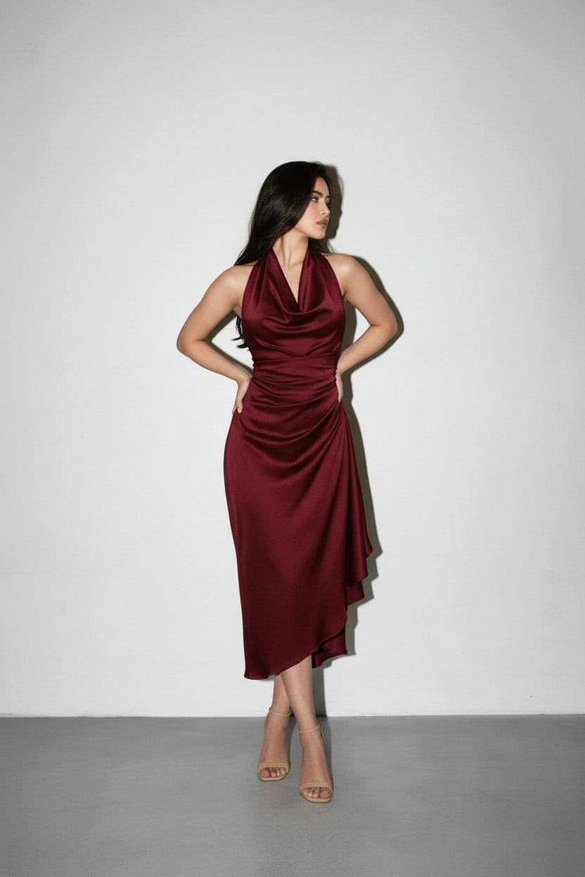 MERLOT WINE HALTER DRESS