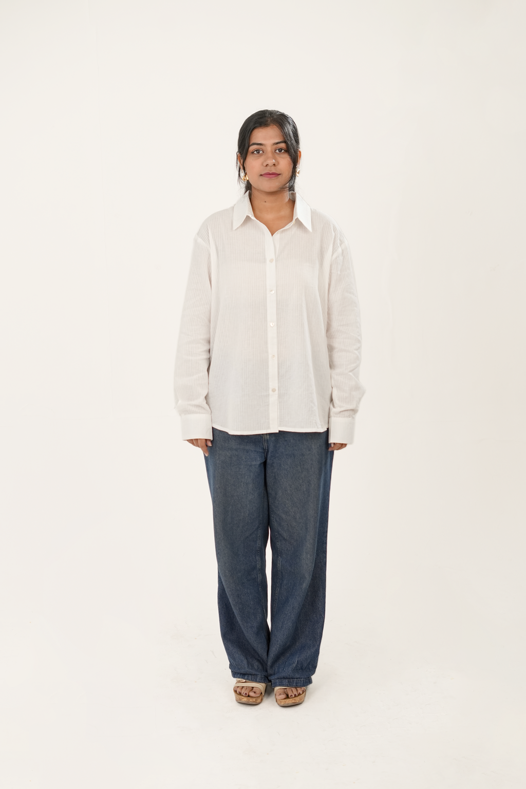Milky  White Kantha Loose Fit Shirt