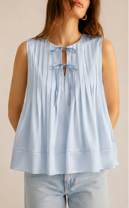 A light blue sleeveless pleated top with a tie-keyhole neckline, shown on a model from multiple angles including front, back, and side views.